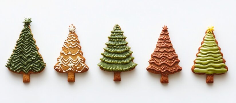 Christmas themed gingerbread cookies shaped like trees arranged in a flatlay perspective on a white background