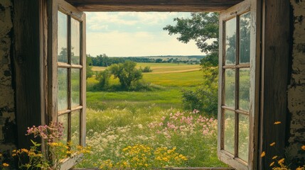Rustic window view of vibrant wildflowers and idyllic countryside.