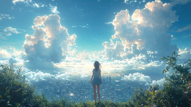 An anime girl on a rooftop with a cityscape thinks against a blue sky with clouds, representing creative digital art and a calm character in a fantasy city.