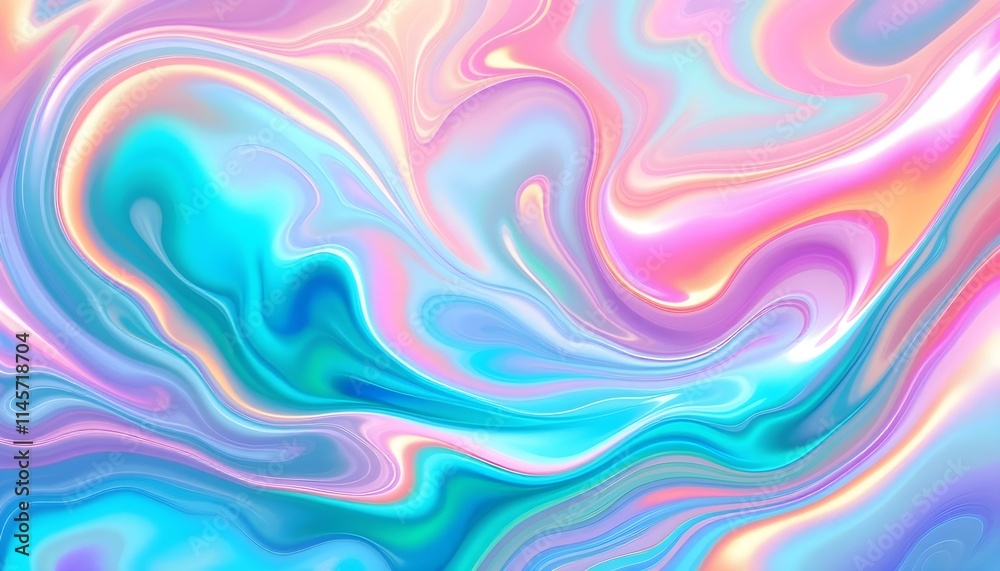 Poster Colorful iridescent holographic wave pattern background, with grainy noise effect texture abstract purple and blue fluid shapes. A vibrant background with the liquid color flow, noise texture effect