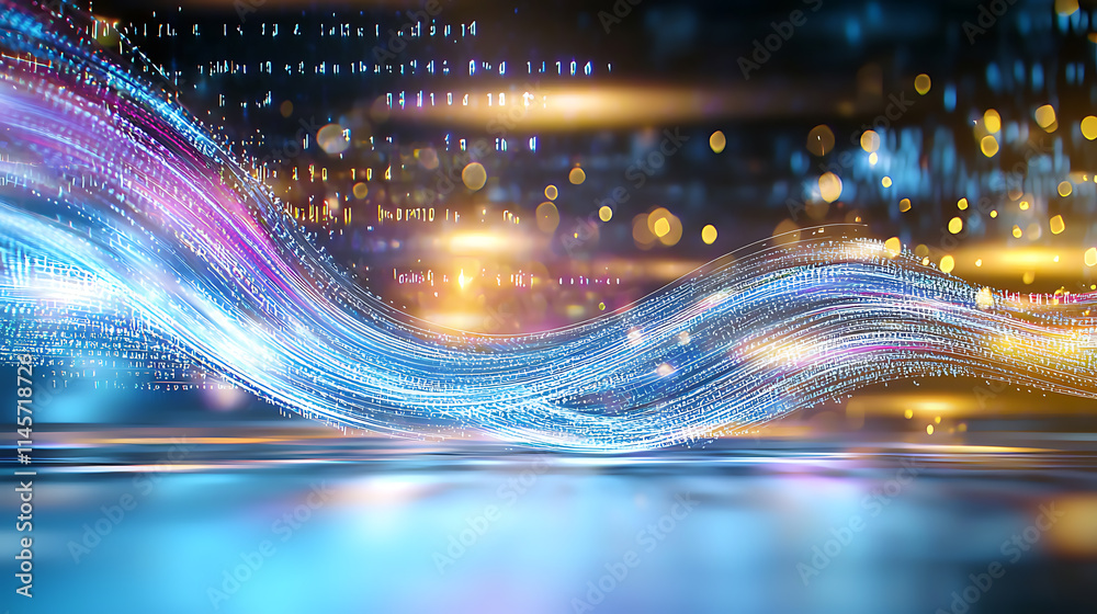Poster dynamic light waves and data streams digital realm abstract art futuristic environment close-up view