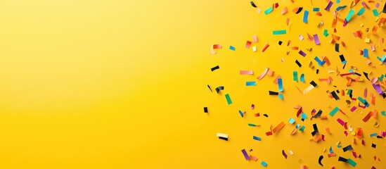 Vibrant confetti scattered on a bright yellow background ideal for celebrations and adding a festive touch with ample space for text