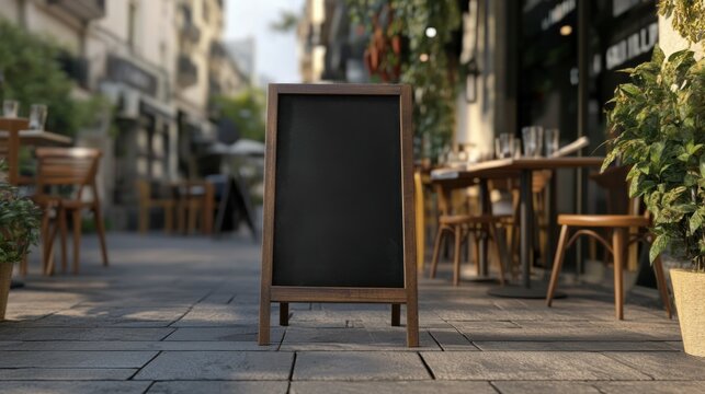 An empty blackboard sign mockup is positioned in front of a restaurant, ready for menu listings. The setting includes a street cafe or restaurant background