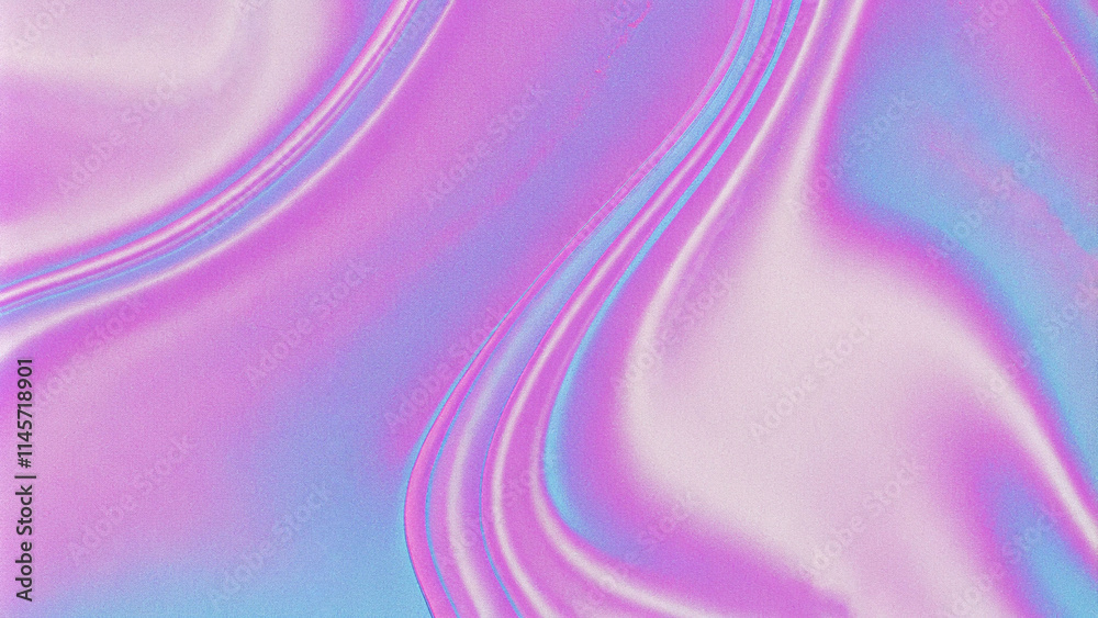 Poster Colorful iridescent holographic wave pattern background, with grainy noise effect texture abstract purple and blue fluid shapes. A vibrant background with the liquid color flow, noise texture effect