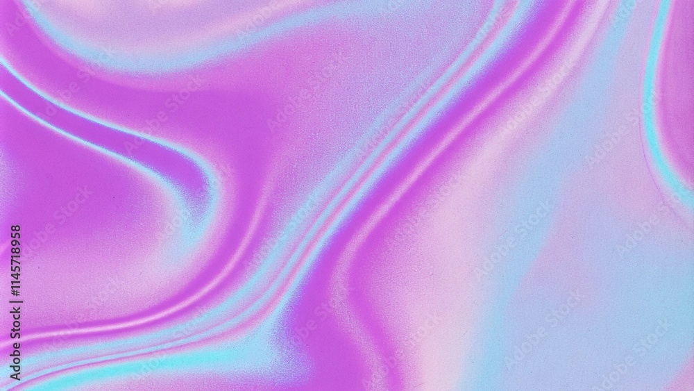 Poster Colorful iridescent holographic wave pattern background, with grainy noise effect texture abstract purple and blue fluid shapes. A vibrant background with the liquid color flow, noise texture effect