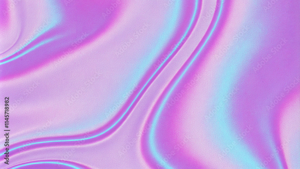 Poster Colorful iridescent holographic wave pattern background, with grainy noise effect texture abstract purple and blue fluid shapes. A vibrant background with the liquid color flow, noise texture effect