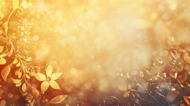 Elegant golden bokeh background with floral accents ideal for celebration invitations and festive wallpapers creating a warm atmosphere