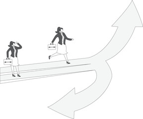 Businesswoman walking up arrow and businessman walking down arrow, business concept illustration