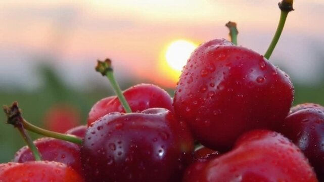 Dew-covered cherries shining like jewels under dawn's rays with a misty orchard framing the scene or a radiant cherry morning