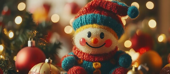 Colorful knitted Christmas toy with festive ornaments and twinkling lights creating a warm holiday atmosphere for seasonal celebrations
