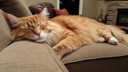 A sleeping orange cat relaxes on a couch, showcasing its fluffy fur and peaceful demeanor.