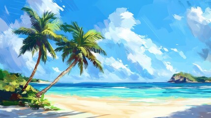 Fototapeta premium Tropical beach scene with palm trees overlooking a vibrant blue lagoon and dramatic cloudy sky