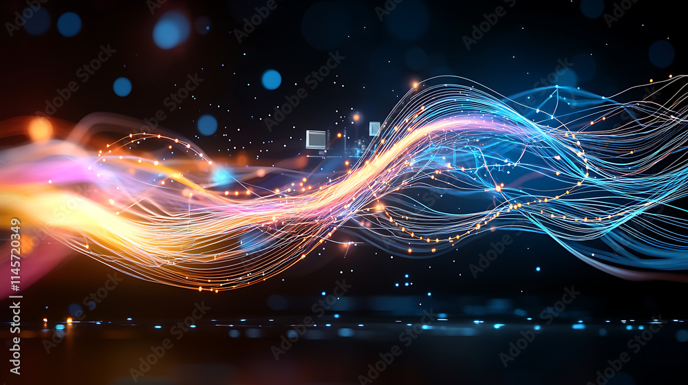 Poster Dynamic light waves creating vibrant patterns digital space abstract art interactive environment aesthetic viewpoint visual concept