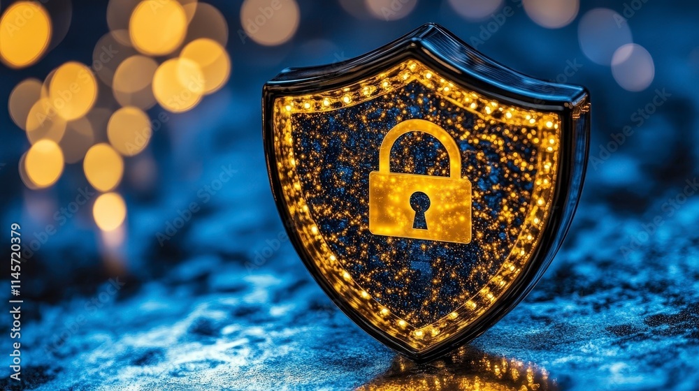 Poster a glowing security shield with a lock icon symbolizes data protection and cybersecurity in a digital