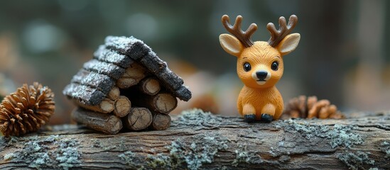 Obraz premium Toy moose elk beside wooden house on log in forest with pine cones and nature background offering ample copy space for text or branding