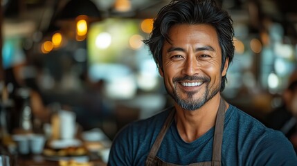 Obraz premium An Asian man smiles peacefully in a restaurant while relaxing on a weekend break, enjoying his casual dining experience in a cafe.