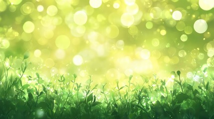 Fototapeta premium Soft focus green meadow background with sunlight bokeh effect creating a serene natural ambiance for design and relaxation themes