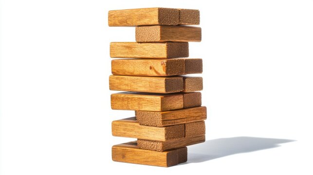 Jenga tower of wooden blocks isolated with shadow, place for text. The concept of destruction, instability.