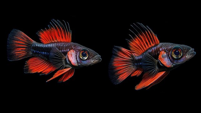 Red and Black Triplefin Fish with Vibrant Fins Marine Life Macro Photography on Black Background
