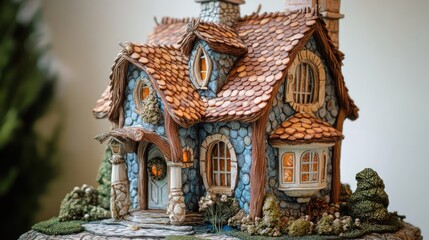 Obraz premium Whimsical hand-painted gingerbread house with intricate details and warm glowing lights. Perfect for holiday-themed designs and projects.