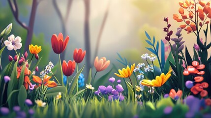 Vibrant spring flower meadow showcasing colorful blossoms in a serene natural setting with soft sunlight filtering through trees