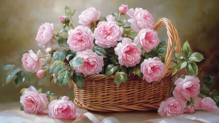 Pink roses bouquet in a woven basket with soft greenery creating a serene floral display for home decor and celebration themes.