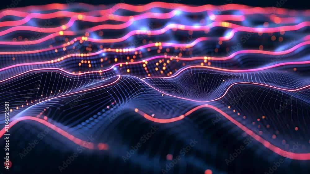 Poster complex data streams are flowing and processing through futuristic cyberspace network, creating a co