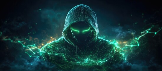 Digital hacker in a hooded cloak with glowing eyes amid a cyber landscape representing vulnerabilities in cybersecurity and data protection systems