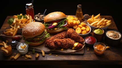 Table scene of assorted take out or delivery foods. Hamburgers, pizza, fried chicken and sides. Top view on a dark wood banner background.