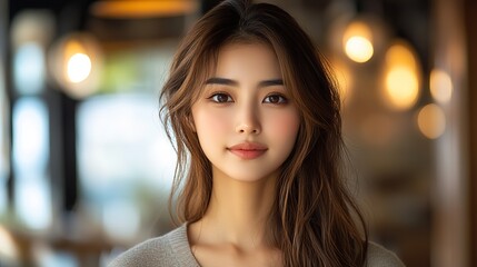 Obraz premium An Asian woman's portrait represents beauty, skincare, and wellness, with a focus on natural and happy aesthetics.