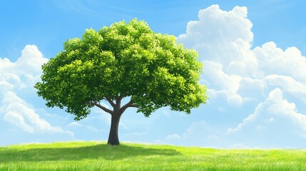 Lush green tree under a vibrant blue sky with fluffy clouds in a serene natural landscape setting