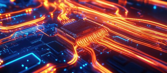 Close-up view of illuminated circuit board with copper wiring and digital components representing electronics measurement and technology innovation