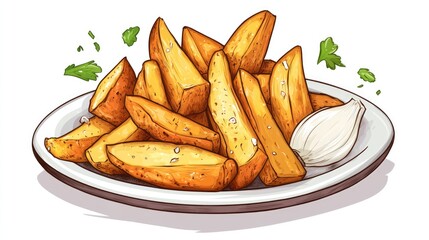 Crispy golden potato wedges served with garlic on a white plate garnished with fresh herbs ideal for restaurant menus and food blogs