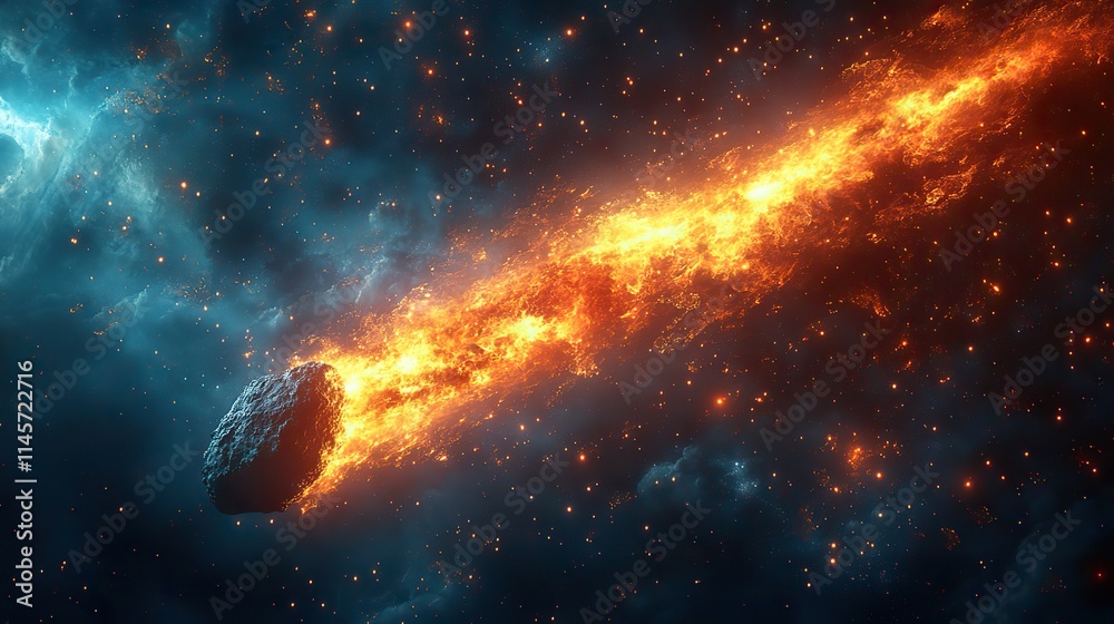 Wall mural an asteroid or comet with flames speeds through outer space, representing danger, fire, and a shooti