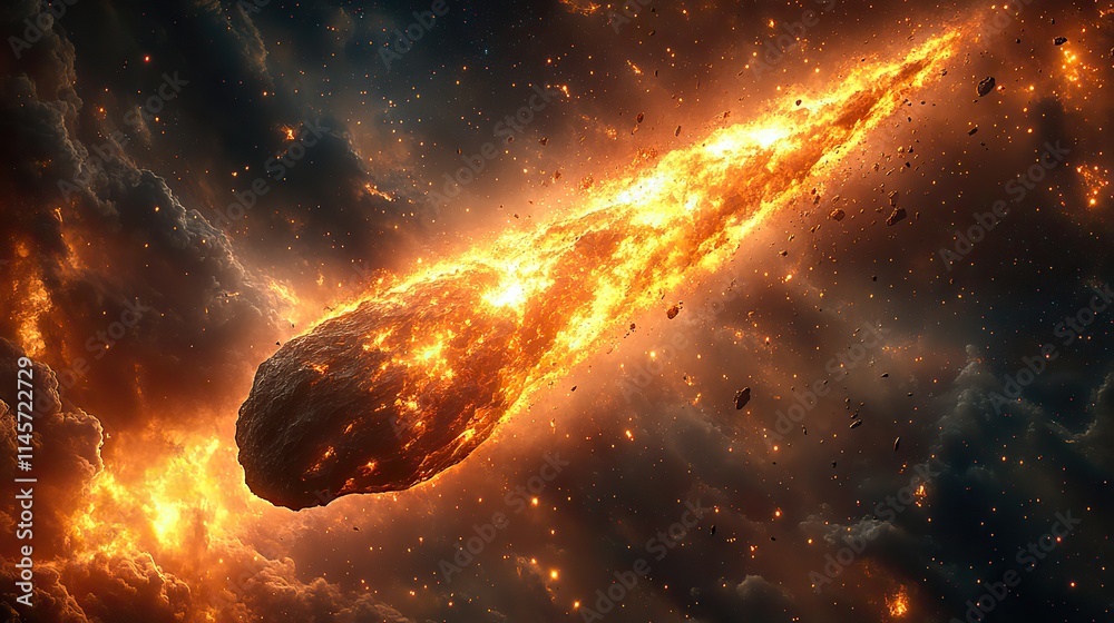 Wall mural an asteroid or comet with flames speeds through outer space, representing danger, fire, and a shooti