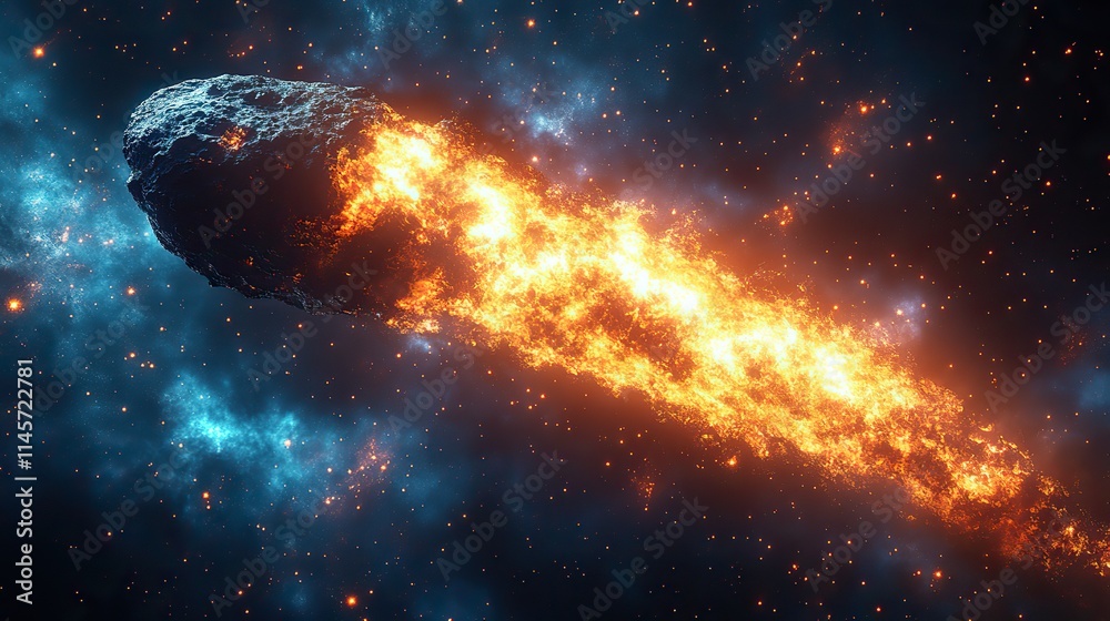 Wall mural an asteroid or comet with flames speeds through outer space, representing danger, fire, and a shooti