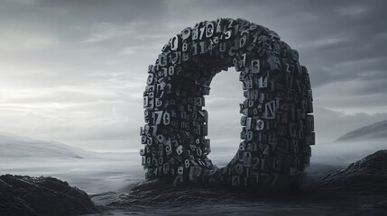 A surreal digital landscape featuring a massive stone 'O' formed from numbers, standing on a misty shore. The scene evokes mystery and the power of data.