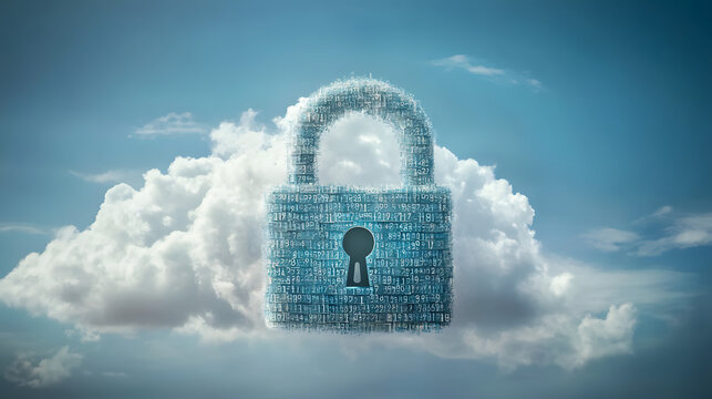 A digital padlock made of binary code floats in a fluffy white cloud against a bright blue sky, symbolizing cloud security and data protection.