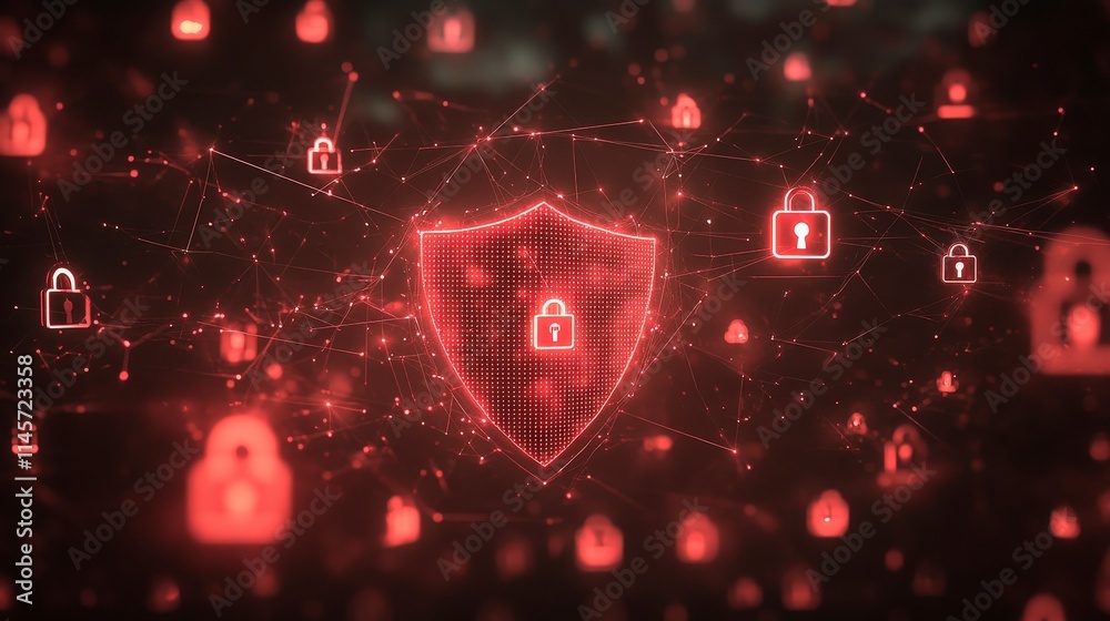 Poster a digital illustration of a glowing red security shield surrounded by lock icons and interconnected 