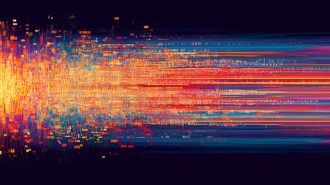 Abstract digital art depicting a vibrant flow of colorful data streams and light streaks.  Perfect for tech, AI, or futuristic themes.