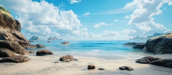 Obraz premium Serene coastal view of rocky beach with clear blue sea and fluffy clouds under a sunny sky in a tranquil natural setting.