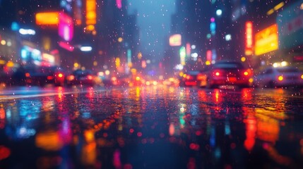 Rain-soaked city street with vibrant neon reflections.