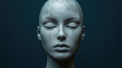 Close up of a serene miniature mannequin with a smooth surface set against a deep dark background for artistic and commercial use