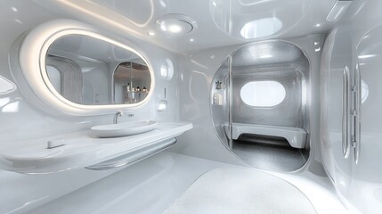 Modern futuristic bathroom design with sleek lines and minimalist aesthetic featuring curved shapes and ample natural light