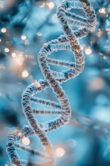 A close-up of the DNA double helix, with a soft blue background and a bokeh effect to highlight its structure.