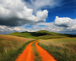 Fototapeta premium Orange Road Through Rolling Green Hills Under a Cloudy Sky