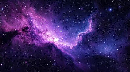 A purple nebula swirls elegantly, sparkling like jewels against a vast star field's cosmic beauty.
