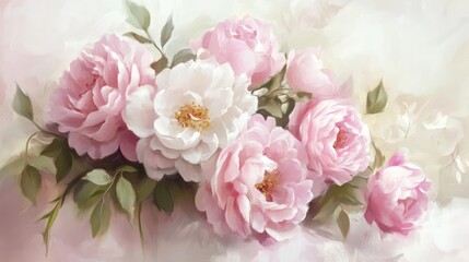 Obraz premium Elegant pink peony and rose bouquet showcasing soft hues and delicate petals perfect for wedding decor and floral arrangements.