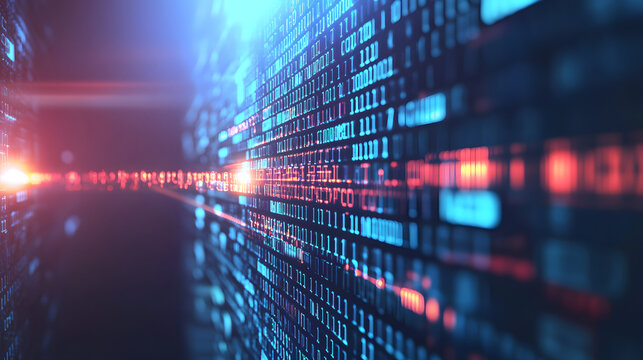 Abstract digital background with glowing binary code in blue and red.  Represents data flow, technology, and innovation. Perfect for tech, AI, and cybersecurity concepts.