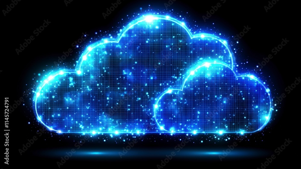 Poster a luminous blue cloud composed of digital grids and sparkling particles shines brightly against a da